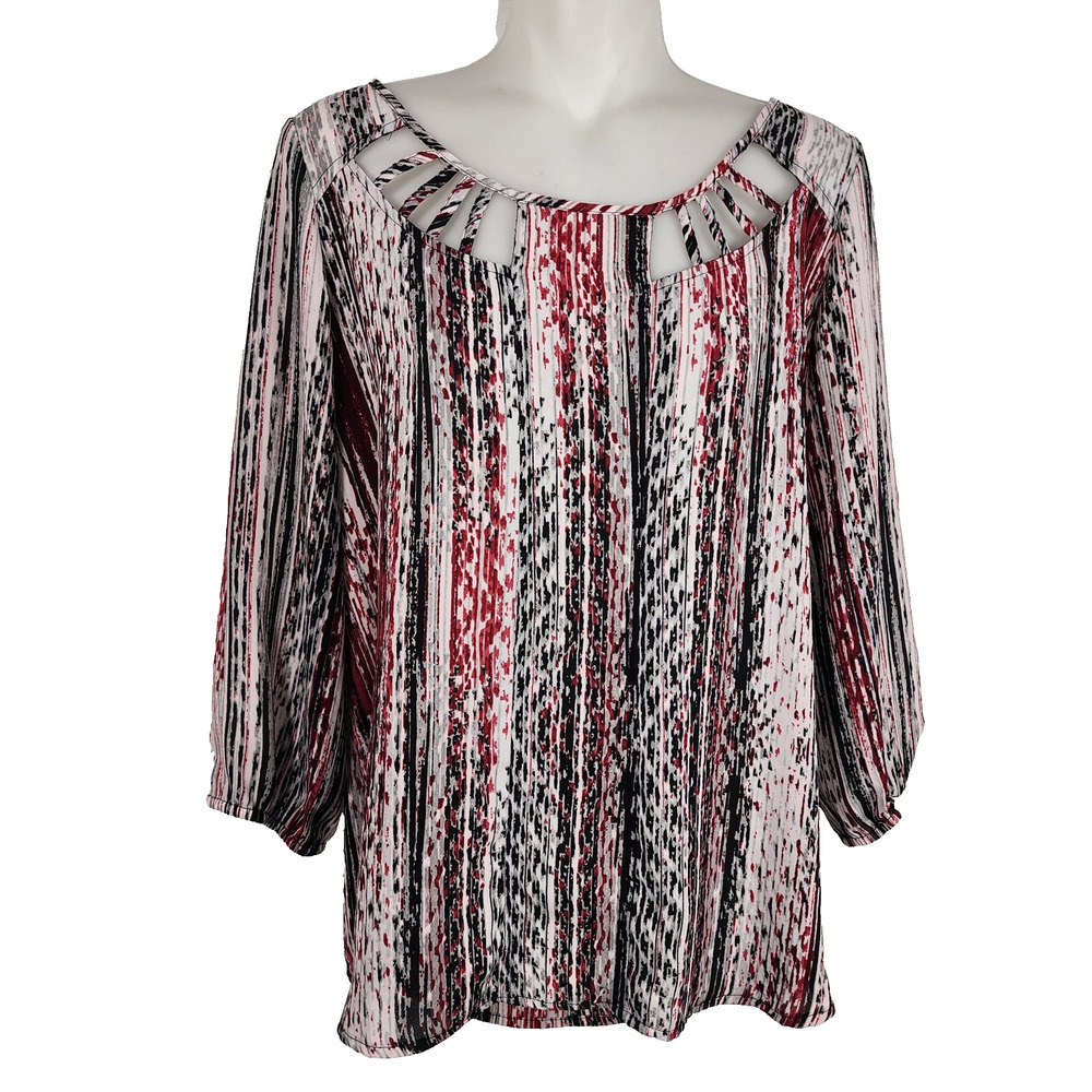 Heart Soul Women Striped Blouse Large Cut Out Detail Multicolor 3/4 Sleeve Light